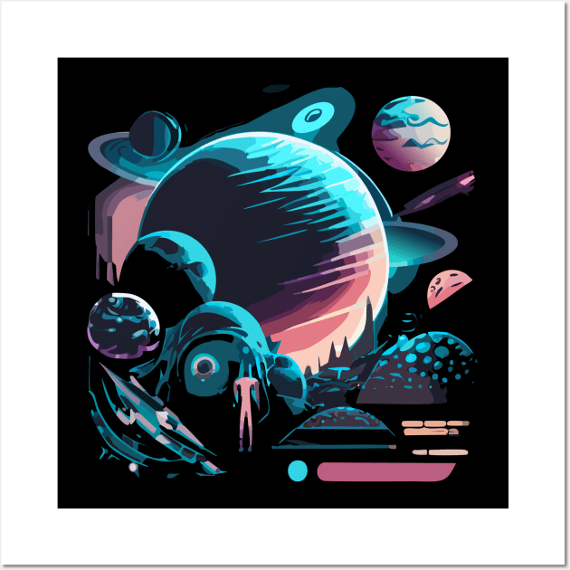 a sci-fi t-shirt design inspired by space exploration and futuristic technology, cosmic imagery, futuristic elements, and a dark color scheme for an otherworldly vibe Wall Art by goingplaces